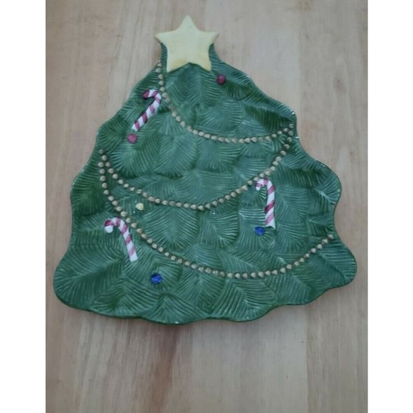 PORCELAIN CHRISTMAS TREE ORNAMENT SHAPED SERVING DISH PLATTER VINTAGE - Picture 3 of 3